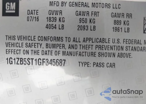 2016 Chevrolet Malibu Ls из США, поврежденный, VIN 1G1ZB5ST1GF345687